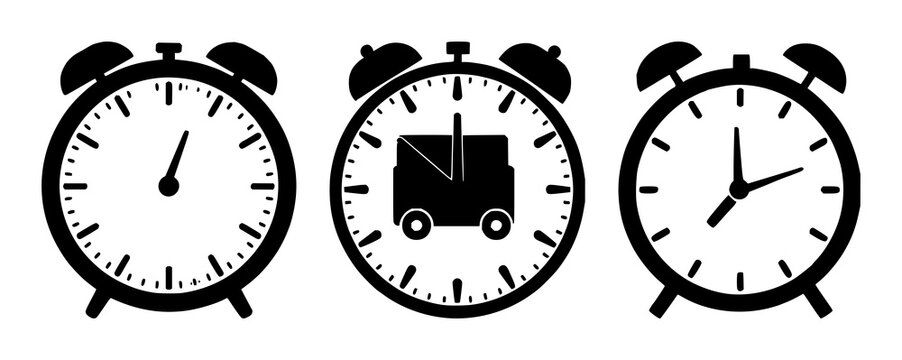 Delivery clock set with solid black icon featuring same day, fast, rapid with delivery and time