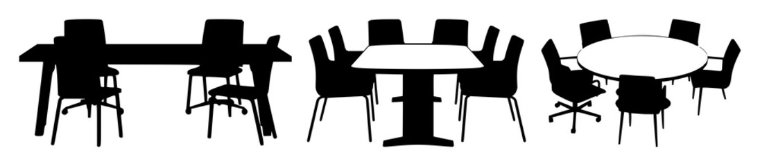 Fototapeta premium Meeting table with chairs set with solid black icons on white background featuring office furniture, business, collaboration with minimalistic vector and line art