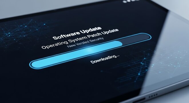 Essential digital system update progressing on a device screen, showing a downloading bar for operating system patches and enhanced security features