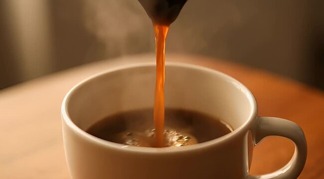 Closeup of hot coffee being poured into a white ceramic mug