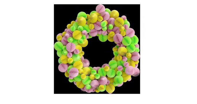 3D animation featuring multiple colorful spiral ball objects arranged in a circular ring formation. Ideal for fun, abstract, festive, playful, kids, and motion graphics projects. 4K UHD with alpha cha