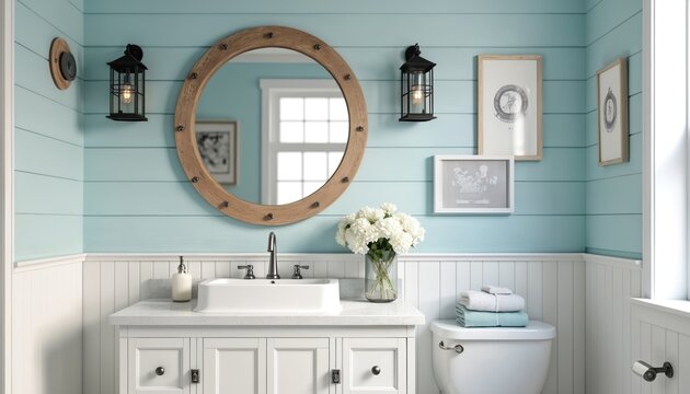 Light blue bathroom features shiplap walls, a round porthole mirror, and lantern sconces. A white vanity with sink and marble countertop sits next to a toilet and stacked towels.