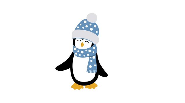 Christmas Animation. Happy Penguin is Dancing. Enjoy Winter Holidays. Funny Baby Penguin in Blue Hat, Scarf. Loop Video in Blue, White, Black, Yellow on White
