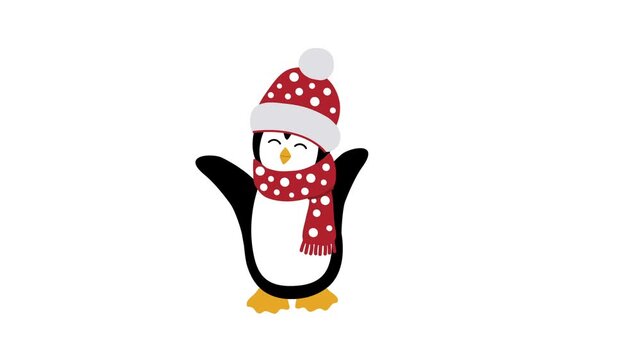 Christmas Animation. Happy Penguin is Dancing. Enjoy Winter Holidays. Funny Baby Penguin in Red Hat, Scarf. Loop Video in Red, White, Black, Yellow on White