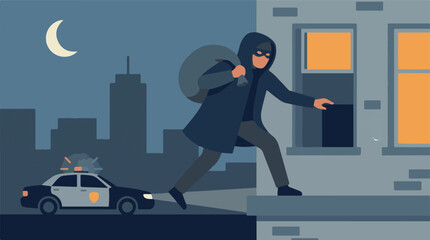Burglar escaping from a building at night with police car nearby © AbedaRezwana