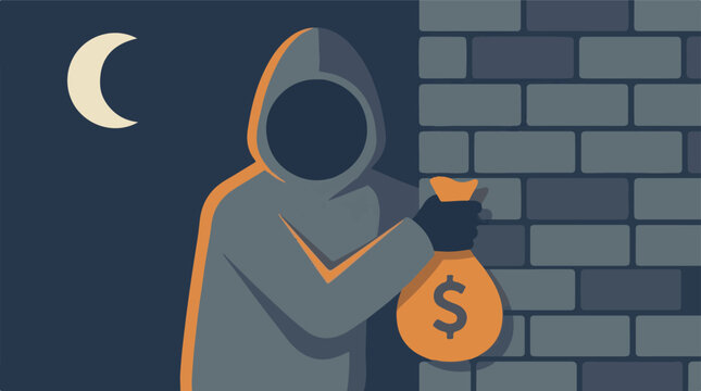 Hooded figure holding a money bag at night, concept of theft and crime
