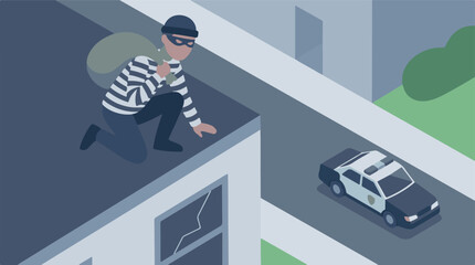 Burglar on rooftop escaping from police car, isometric illustration © AbedaRezwana