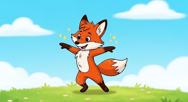 Cartoon Fox Dancing on Green Grass.