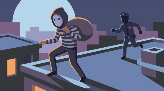 Masked thief running across rooftops at night pursued by police officer