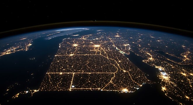 Night view of Egypt from space, showcasing illuminated cities, Nile River, and borders
