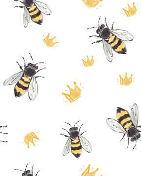 Bees and crowns, hand-drawn, seamless pattern