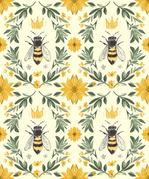 Bees and flowers, hand-drawn, seamless pattern