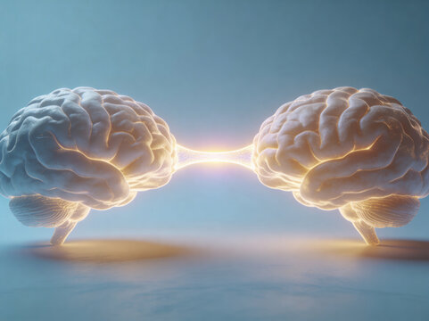 Conceptual 3D illustration of two human brains connected by a glowing light beam, metaphor for communication, telepathy, artificial intelligence, and synchronization of minds or ideas.