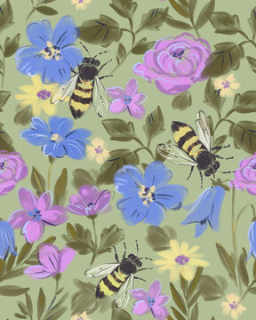Bees and flowers, hand-drawn, seamless pattern