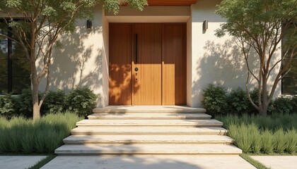 Naklejka premium Modern home entrance with warm wood double doors. Stone stpic lead to house exterior. Green grass and trees frame building facade. Sunlight creates soft shadows.