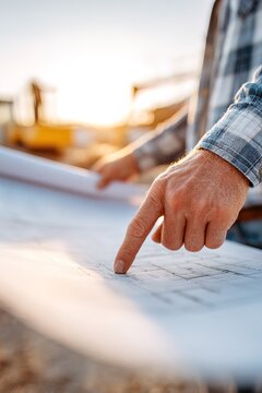 A builder stands at a construction site holding a blueprint. He points at specific details on the document while overseeing the project. The sun sets in the background