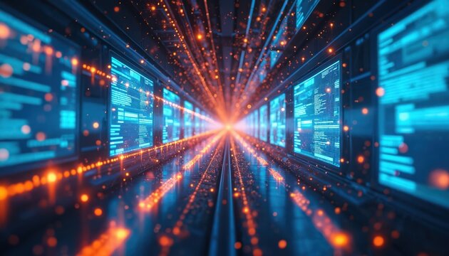 Abstract digital corridor with glowing data streams and screens. Futuristic tech concept with code, information, and bright energy particles moving forward.