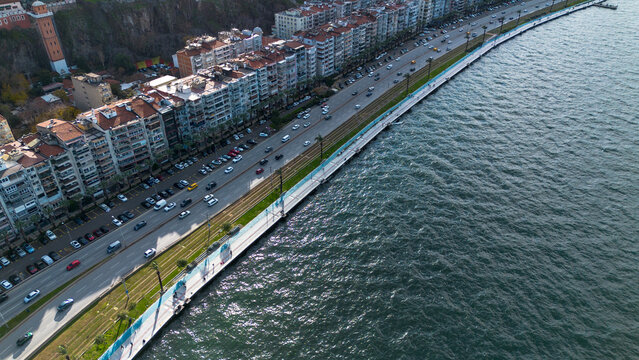 Aerial High Angle View of Izmir Coastal Road and Residential Buildings with Aegean Sea and Historic Elevator