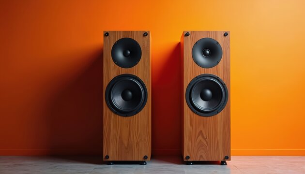 Two tall wooden speakers stand on a floor against a bright orange wall. They have black cones and drivers for loud sound reproduction. The cabinets are made of natural wood.