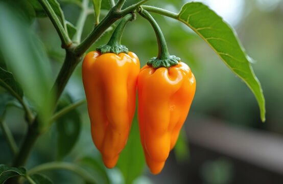 Two bright orange Peter Pepper fruits hang on a green plant branch. This heirloom chili pepper has a distinctive phallic shape. It grows in a garden.