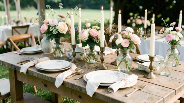 Long farm table with vintage china and wildflowers, rustic wedding reception display, romantic countryside dinner