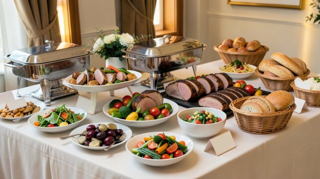 Buffet table with chafing dishes and carved meats, wedding catering display, abundant reception feast