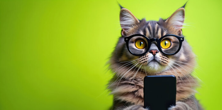 Gray tabby cat wears glasses, holds smartphone. Feline looks at screen. Animal is on bright green backdrop. It seems to be focused on device.