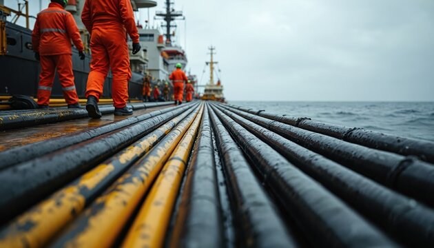 Workers in orange suits walk on a ship deck covered with thick cables. The vessel operates at sea, laying subsea power lines. Crew members perform industrial heavy duty tasks on the water.