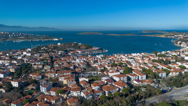 Aerial High Angle View of Old Foca Town and Harbor with Aegean Sea and Islands in Izmir Turkey