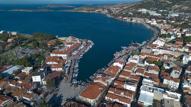 High Angle Aerial View of Old Foca Harbor and Coastal Town with Fishing Boats and Aegean Sea in Izmir Turkey