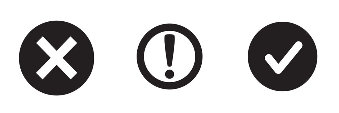 Solid black icon bundle featuring negative cross warning exclamation point and positive check mark for app status.