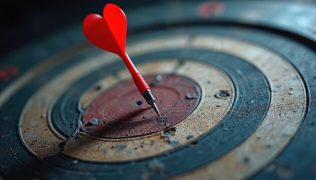 Red dart with heart shaped fin hits center bullseye on rustic target board. Precision aim for game success. Focused accuracy and victory concept.