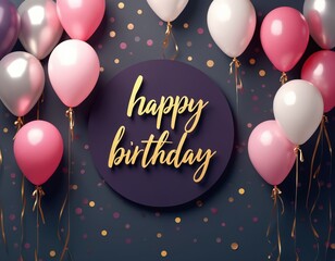 Obraz premium Happy birthday text on purple circle with pink gold white balloons and confetti. Party background for celebration event. Festive greeting card.