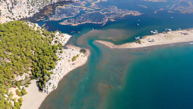 High Angle Aerial View of Iztuzu Turtle Beach and Dalyan Delta with Turquoise Sea and Mountains in Mugla Turkey