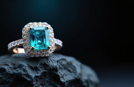 Luxury ring with large blue paraiba tourmaline gem and small diamonds. Rose gold band sits on dark textured stone. Elegant jewelry for special occasions. Perfect gift idea.