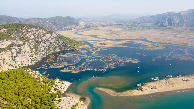 High Angle Aerial View of Iztuzu Turtle Beach and Dalyan Delta with Turquoise Sea and Mountains in Mugla Turkey