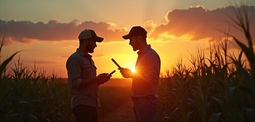 Two men in caps hold tablets, looking at each other. They stand in cornfield at sunset. Sunlight shines between them. One man wears collared shirt. Others wear shirts. Farmers talk about agriculture.