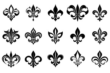 comprehensive collection of fleur de lis designs as heraldic symbols, vector set featuring multiple traditional french emblem variations © Niloy Pal