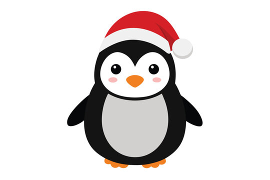 a cute penguin wearing santa hat  flat cartoon sty