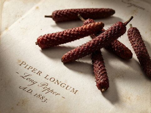 Dried Piper Longum Long Pepper on vintage parchment paper with historical botanical typography