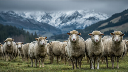 Fototapeta premium Herd of sheep standing together in green pasture with snowcapped mountains in background, rural landscape