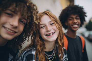 Fototapeta premium Diverse teenagers smiling with braces outdoors in urban setting