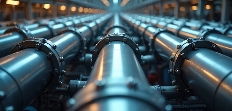 Industrial pipes line up in a factory. Metal tubes form a network for fluid or gas transport. Steel pipeline structure, engineering and manufacturing backdrop.