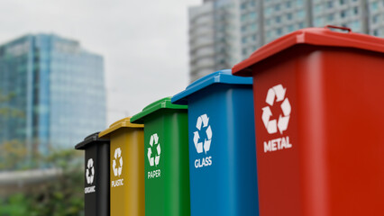 Colored recycling bins for waste sorting with copy space in outdoor setting. Waste management and environmental protection concept. Rendering in 8k high resolution.
