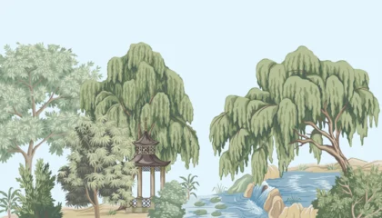 Park vintage botanical landscape, pavilion, pond, waterfall, willow, trees, bush, stone panorama. Nature mural.   © good_mood