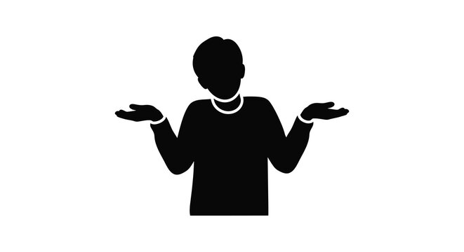 A black silhouette of a person with outstretched hands appearing to shrug with a questioning expression silhouette high quality professional detailed