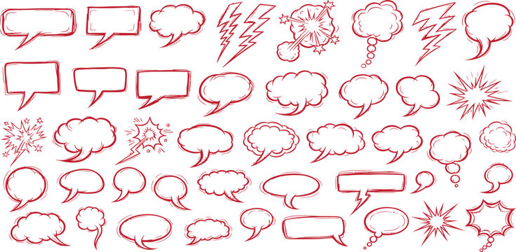 Collection of hand drawn speech bubbles and doodles in red and teal