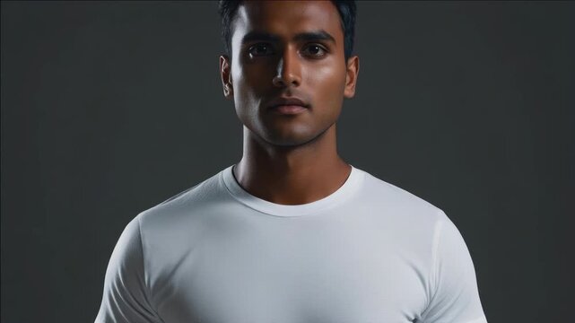 A fit, young male wearing a white athletic shirt and looking directly at the camera with a neutral expression.