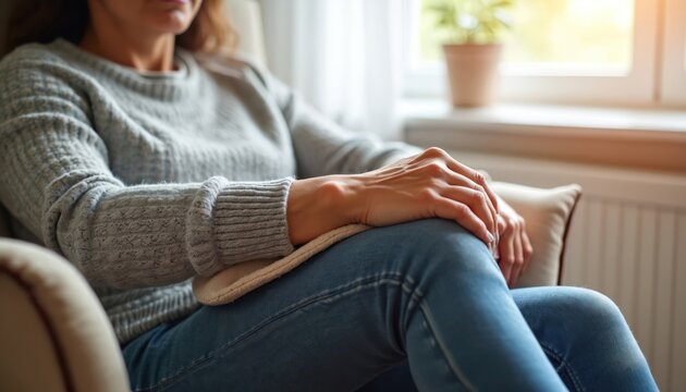 Woman relaxes in armchair applying heating pad to sore elbow. Home comfort provides relief for joint pain and muscle ache. Gentle warmth aids recovery and healing.