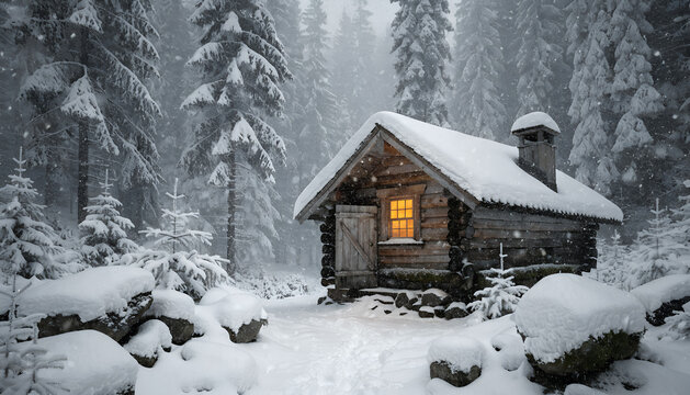 Snowy Forest Wooden Cabin